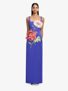 LEO LIN Adelina Maxi Dress Lapis Blue Floral Appliqué Gown Size 10 NWT